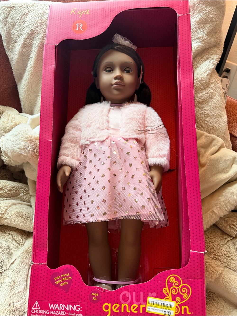 Riya 18-inch Fashion Doll in Pink Dress and Faux-Fur Jacket